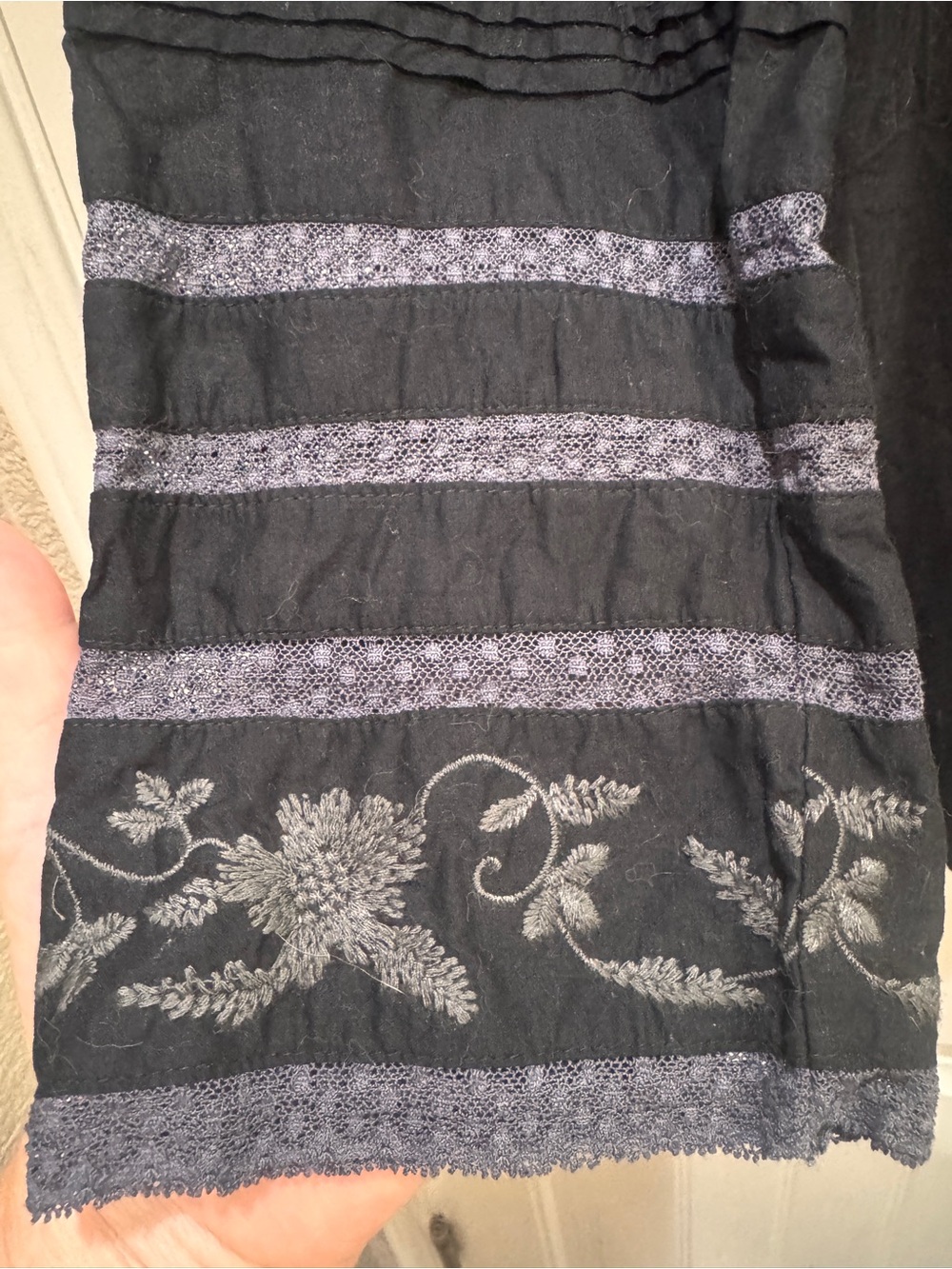 LOGO by Lori Goldstein Black Top with Gray Lace & Embroidery